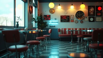 Retro diner interior with red chairs, checkered floor, neon.