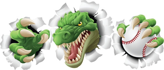 A crocodile, dinosaur or alligator lizard sports mascot holding a baseball ball © Christos Georghiou