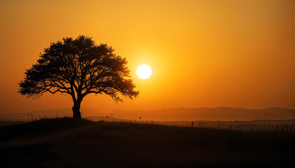 Fototapeta premium Silhouette of a lone tree against a golden sunset