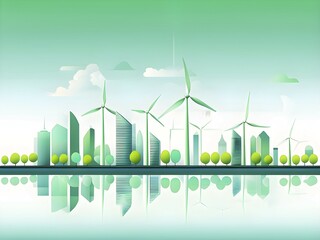 Fototapeta premium Abstract visual illustration of a city skyline where buildings morph into wind turbines and trees, AI generated