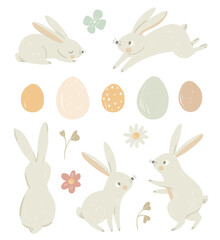 Set of easter rabbits, flowers and eggs