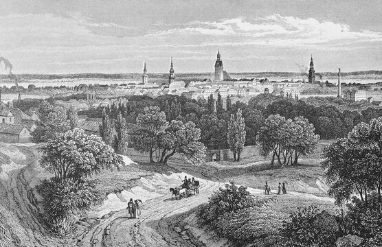 Historic cityscape, steel engraving, circa 1840 Hannover, Lower Saxony, Germany, Europe