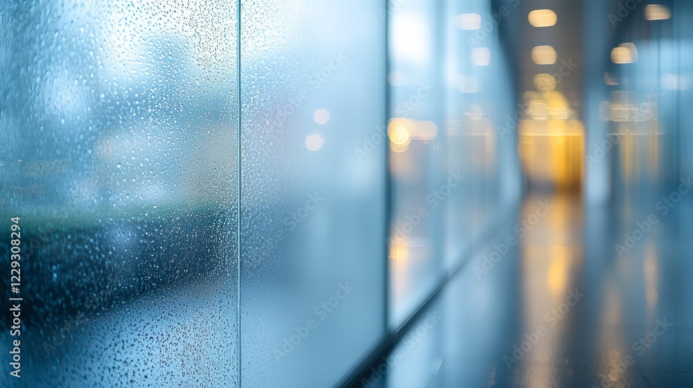 Poster raindrops cascade down a frosted glass surface, creating a delicate blur that enhances the peaceful 