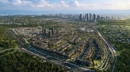 Aerial View of Modern Cityscape Suburban Development and Skyline