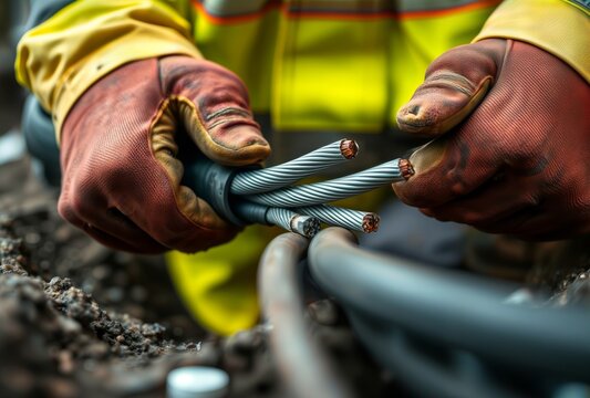 Electrical Cable Installation. Professional electrician in protective gear splicing industrial-grade stranded cables during underground utility work, detailed macro shot.