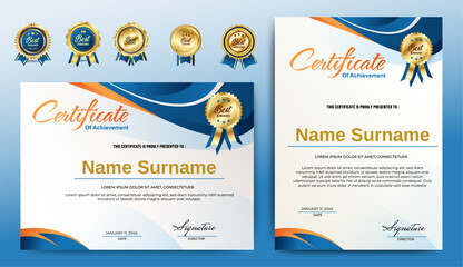 Elegant certificate template. Modern diploma award border design with gold badges. Horizontal and vertical.  Vector illustration
