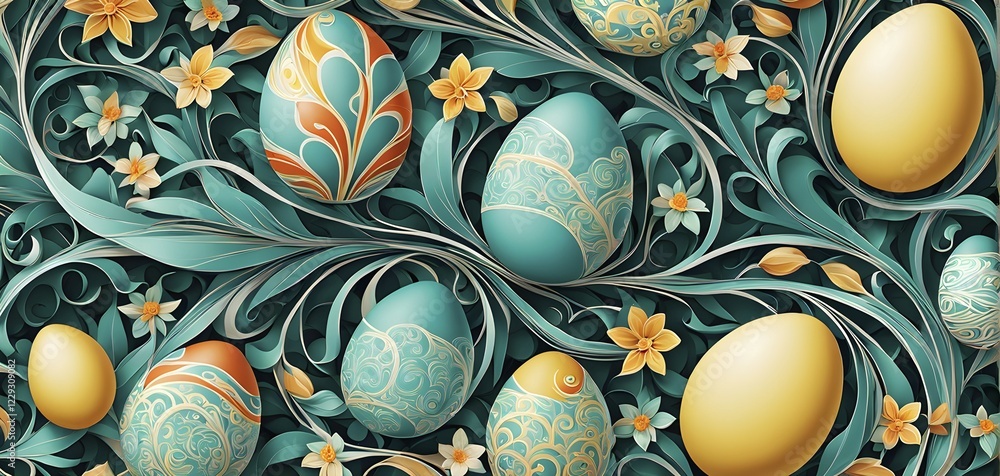 Poster a whimsical abstract pattern with intertwined ribbons, eggs, and floral motifs, with a mix of sharp 