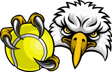 An eagle bird tennis sports mascot cartoon character ripping through the background holding a ball
