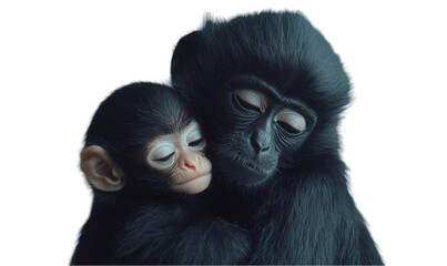 Fototapeta premium Closeup Of A Mother Monkey And Baby Monkey Hugging, Black Fur, D