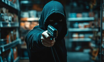 Masked Intruder Pointing Firearm in Night-Time Retail Store Robbery Scene Creating Tension and Urgency, 
