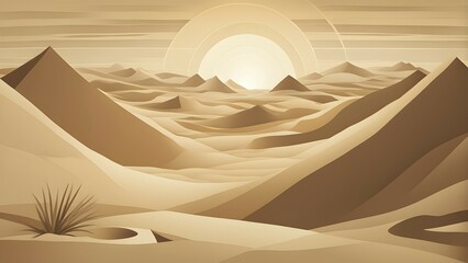 Abstract desert scene with triangular sand dunes and a single circular sun, using sharp lines and subtle gradients in neutral earth tones, AI generated