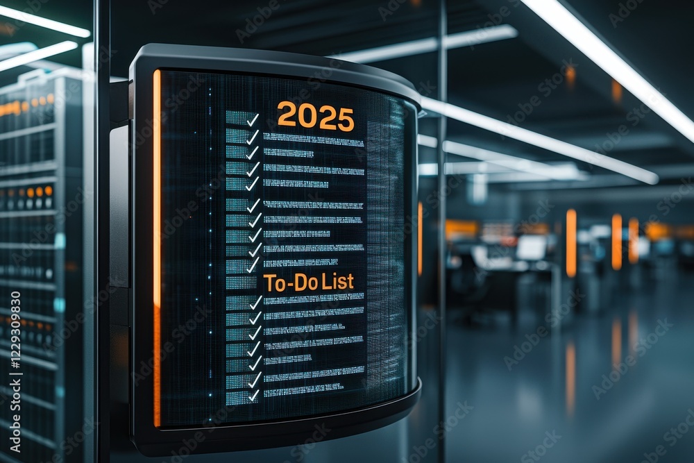 Poster a futuristic display shows a digital to-do list for the year 2025, illuminated in orange with checkm