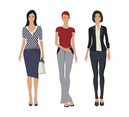 Obraz premium Set of stylish young women dressed in tbusiness, casual, formal clothes. Vector groupped objects over white background