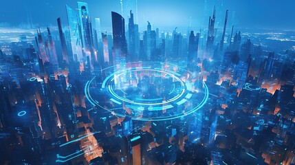 abstract future city building. Blue digital smart futuristic City concept. Holograms of innovation and data for virtual reality.Technology background
