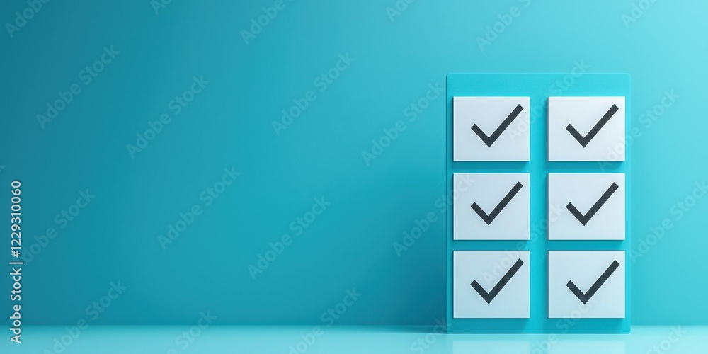 Poster a clean, minimalistic image featuring a turquoise background with six checkmark icons arranged in a 