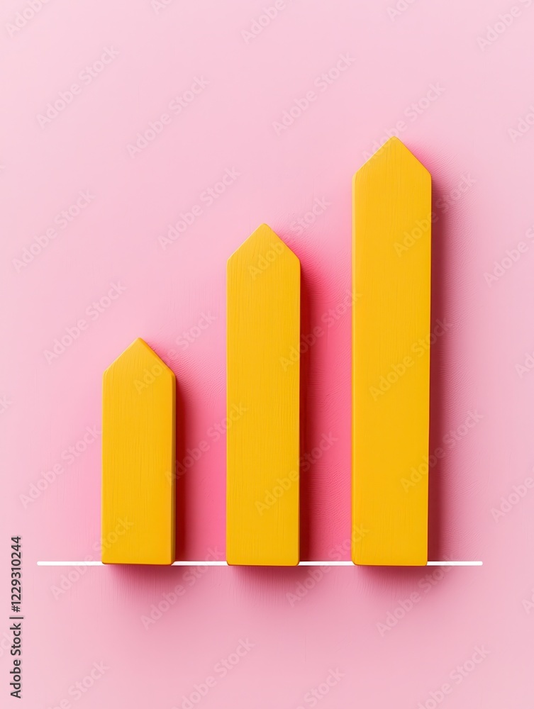 Poster a simple graph with three ascending yellow bars on a pink background, illustrating growth or progres
