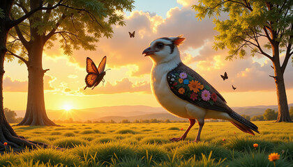 Whimsical bird singing in spring meadow at sunrise, joyful nature