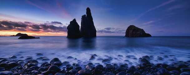 Panorama, volcanic rock formation Ilheus da Rib, steep coast of Ribeira de Janela, also Ribeira da...