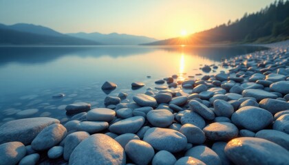 Obraz premium Lake with rocky shore at sunset, a peaceful nature view.