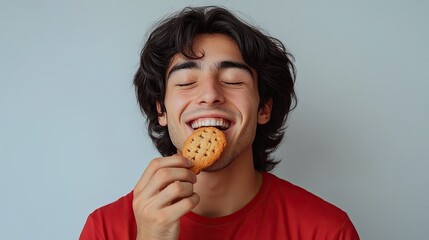 A young man with dark hair and a red shirt smiles as he takes a bite of a cookie.