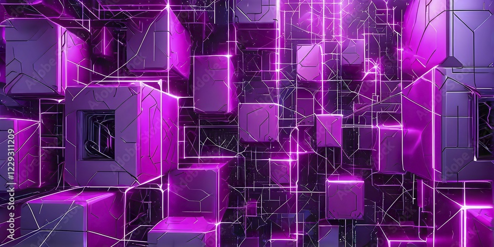 Poster abstract artwork illustrating blockchain technology with interconnected geometric shapes symbolizing