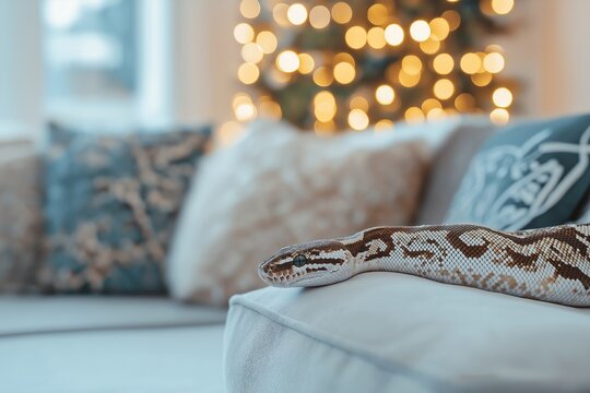 Ball python is lying on a sofa in a cozy living room, with a blurred christmas tree with bokeh lights in the background, creating a festive and unusual holiday scene