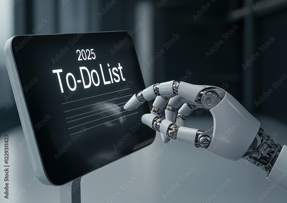 Poster a robotic hand interacts with a futuristic to-do list display for the year 2025, reflecting advancem