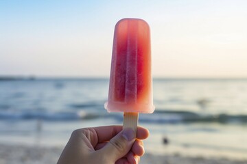 Hand holding ice popsicle at beach. KI generiert, generiert, AI generated