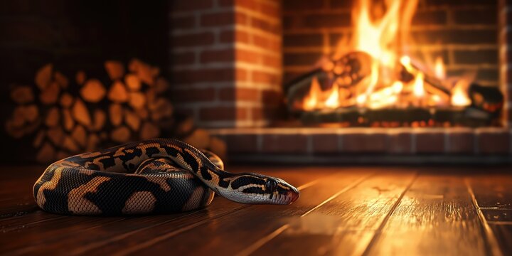 Resting comfortably on a warm wooden floor, a ball python enjoys the cozy ambiance created by a crackling fireplace, highlighting the beauty of its scales in the soft, flickering light