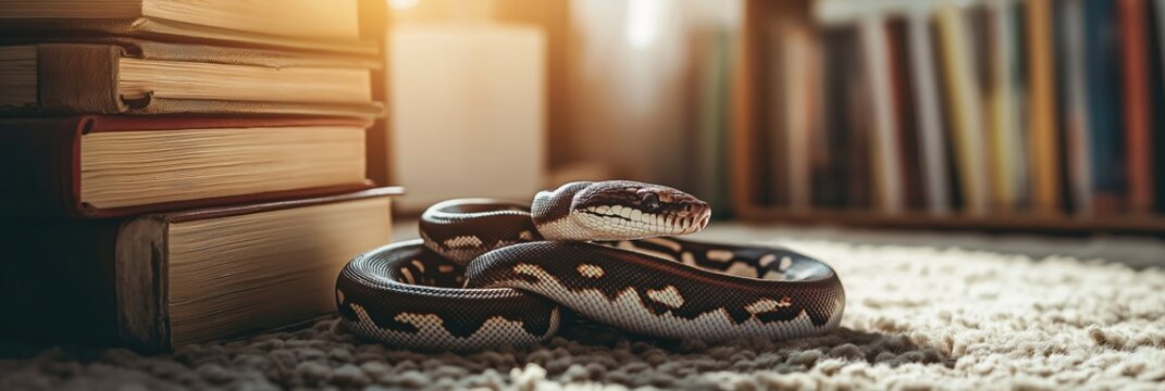 Ball python, known for its docile nature, rests comfortably on a soft carpet near a stack of vintage books, creating a cozy and intriguing scene in a home library bathed in warm sunlight