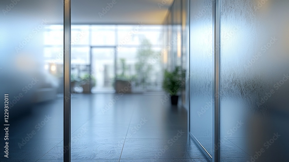 Poster A serene setting unfolds through a frosted glass surface, creating a gentle blur that softens the view of plants and natural light, inviting calmness and reflection