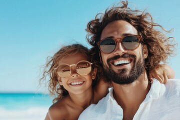 Obraz premium Father and daughter smiling together on beach wearing sunglasses