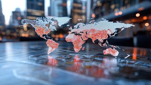risk management analysis training concept. A digital world map illuminated with red highlights, set against a blurred cityscape background, conveying a modern, high-tech atmosphere.