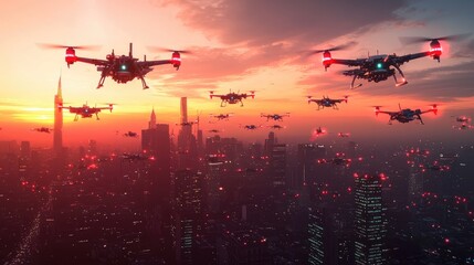 Naklejka premium Drone Swarm Over Futuristic City at Sunset