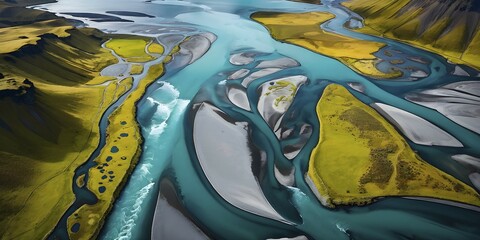 Obraz premium Aerial view perpendicular top down of an abstract colorful river along the coastline, AI generated