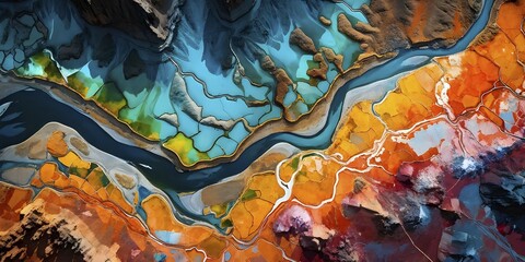 Aerial view perpendicular top down of an abstract colorful river along the coastline, AI generated
