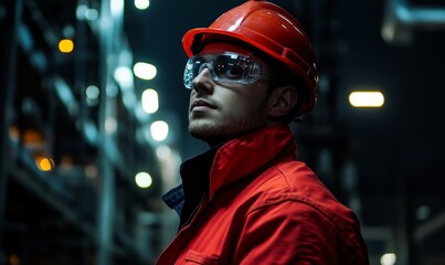 Focused Industrial Engineer in Red Protective Gear and Hard Hat in Modern Factory Setting at Night, 
