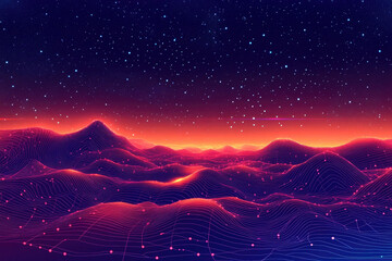 Fototapeta premium Futuristic Digital Landscape at Sunset with Glowing Grid