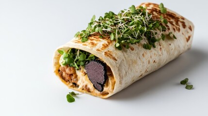 A gourmet burrito with truffle oil and microgreens, luxurious aesthetic, isolated on white background