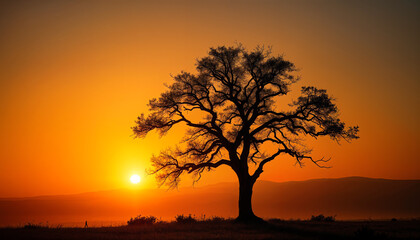 Silhouette of a lone tree against a golden sunset
