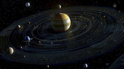 A depiction of a solar system with planets and orbits against a starry cosmic background, AI generated