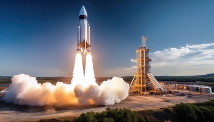 Rocket launches powerfully into the sky with engines igniting and billowing smoke at a launch site during sunset