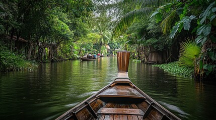 A traditional Thai boat ride through the canals with lush greenery on both sides. picture