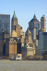 View from Hudson River to the skyline of Lower Manhattan with skyscrapers, New York City, New York, USA, North America