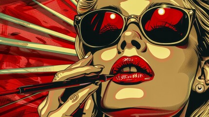 Pop art depiction of a glamorous woman with red lips and sunglasses in bold colors, AI generated