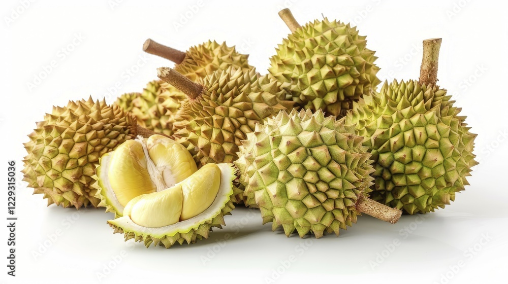 Aufkleber multiple durians with spiky shells and split open to display creamy yellow flesh, on white backgroun