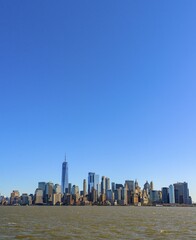 Fototapeta premium View from Hudson River to the skyline of Lower Manhattan with skyscrapers, New York City, New York, USA, North America