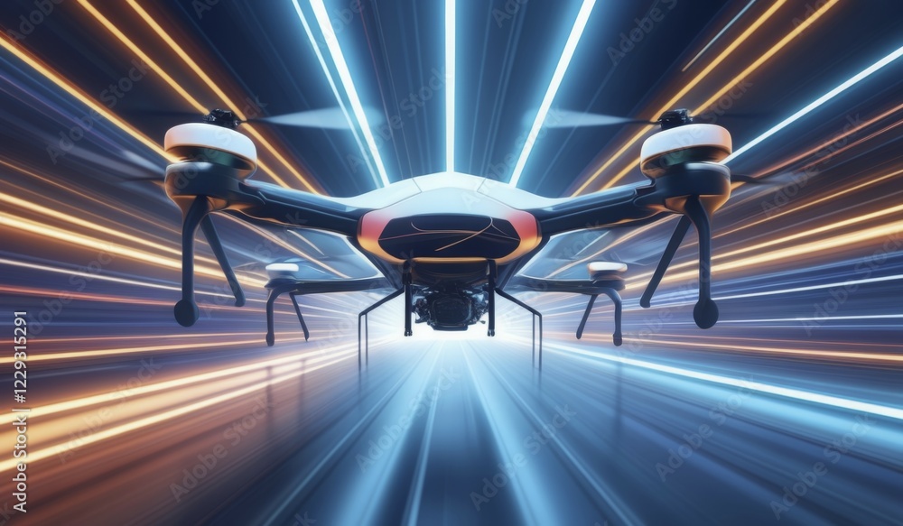 Poster a fast-moving drone with motion blur effect and dynamic light trails, ai generated, ai generated