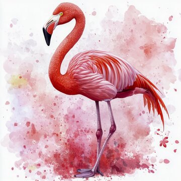A watercolor-style painting of a pink flamingo with a colorful, splashy background, AI generated