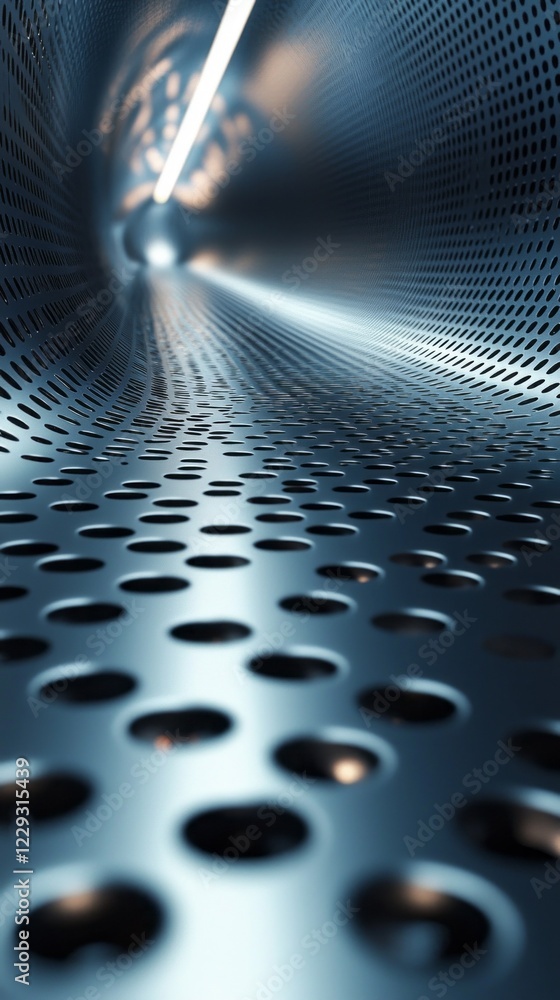 Poster a sleek, futuristic tunnel crafted from shiny metal, featuring evenly spaced perforated holes. soft 